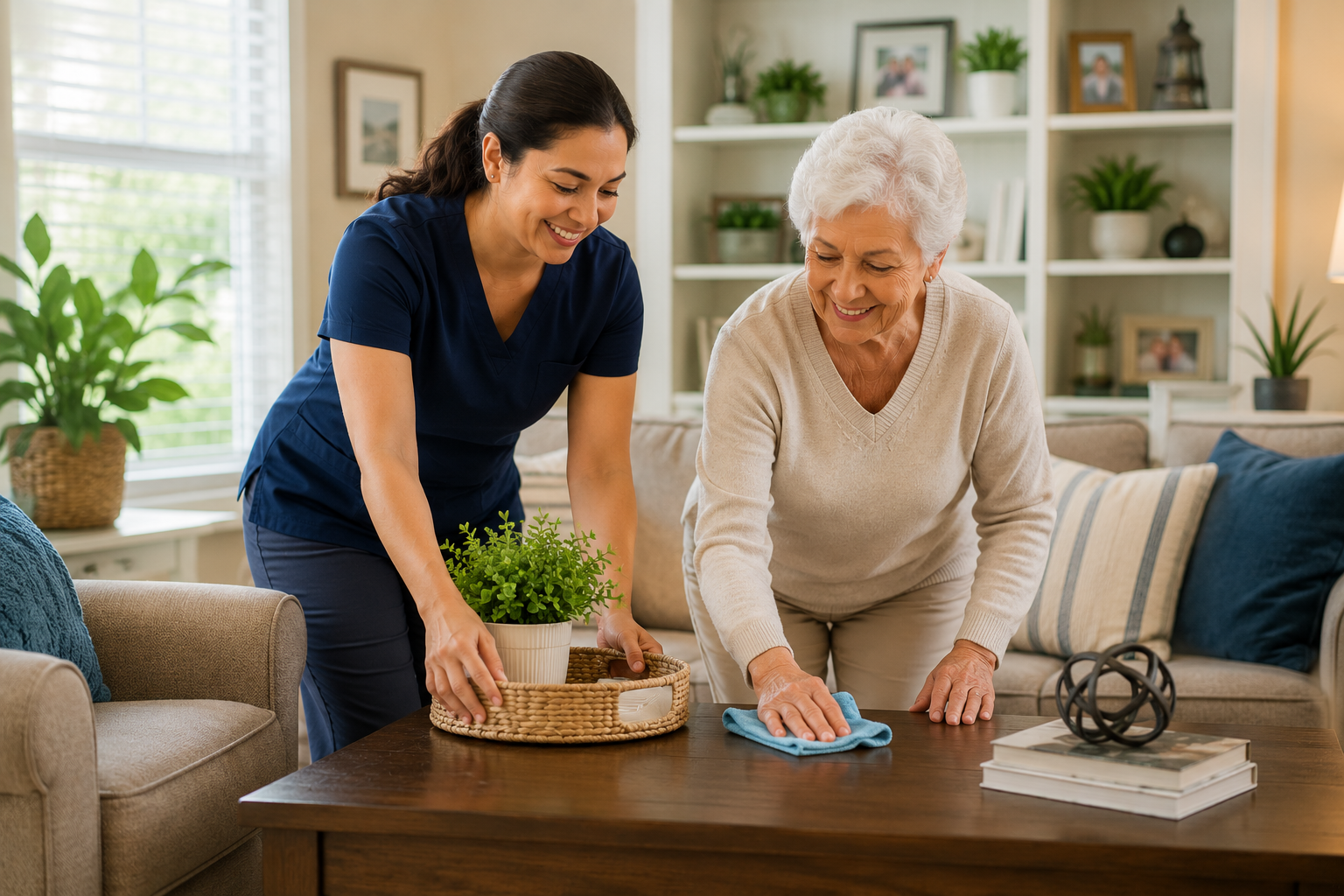 Caregiver helping a senior maintain a clean and organized home through housekeeping support and home care services.