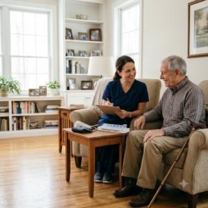 a nurse providing personalized medical care to a senior at home