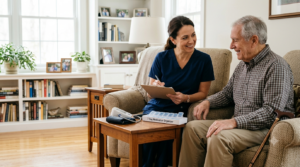 a nurse providing personalized medical care to a senior at home